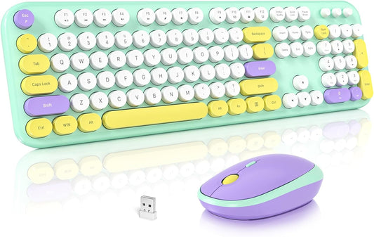 MOFII Wireless Keyboard and Mouse Combo, Cute Keyboard Full Size and Wireless Mouse, 2.4GHz Retro Typewriter Keyboard and Mouse Set for PC/Desktop/Laptop/Windows (Mint Green)