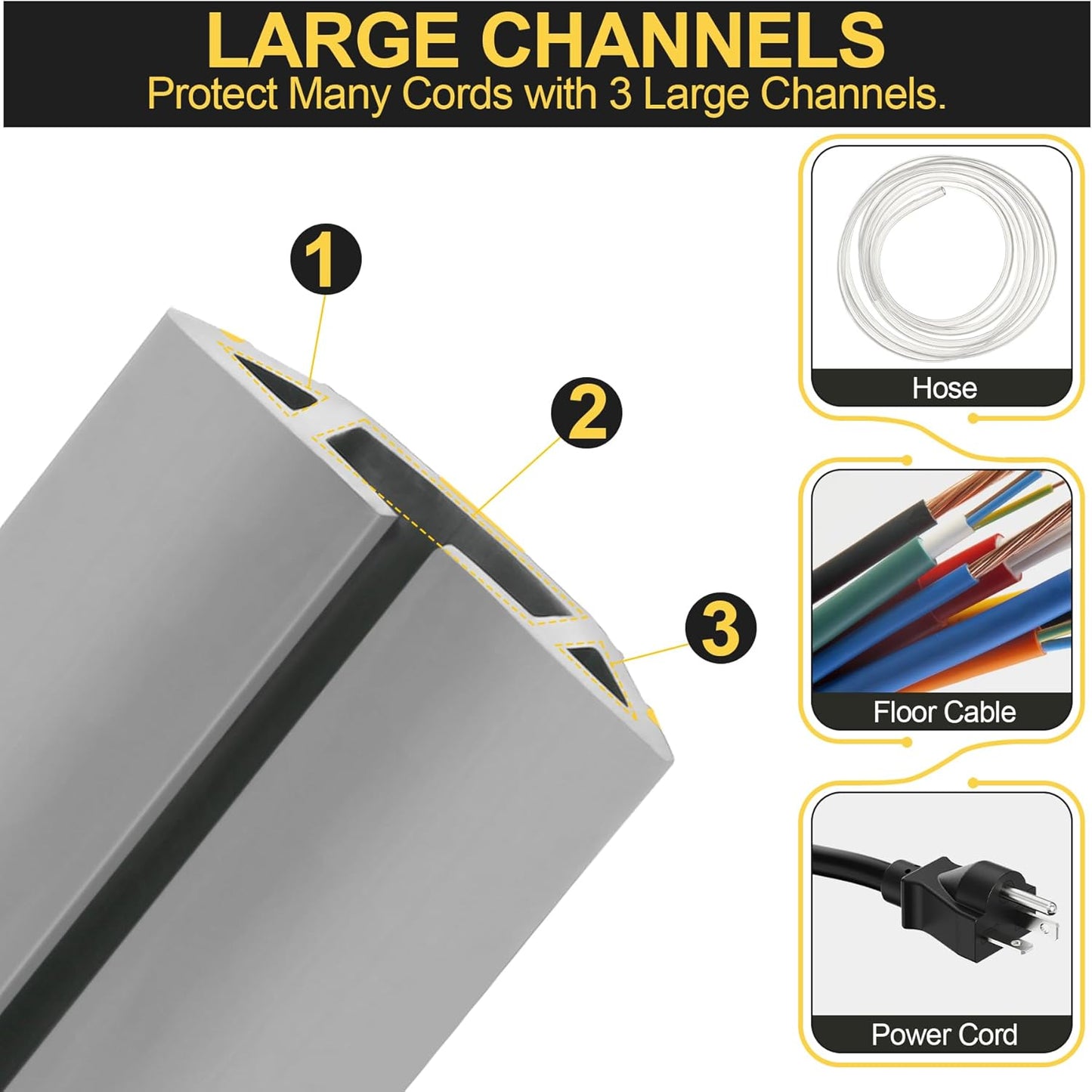 MYFAMIREA 6.5FT Floor Cord Cover Heavy Duty Cable Cover Protector 3 Channels Extension PVC Floor Wire Cover Outdoor Cord Hider Management Cord Cover for Wire on Floor for Home Office Outdoor, Grey