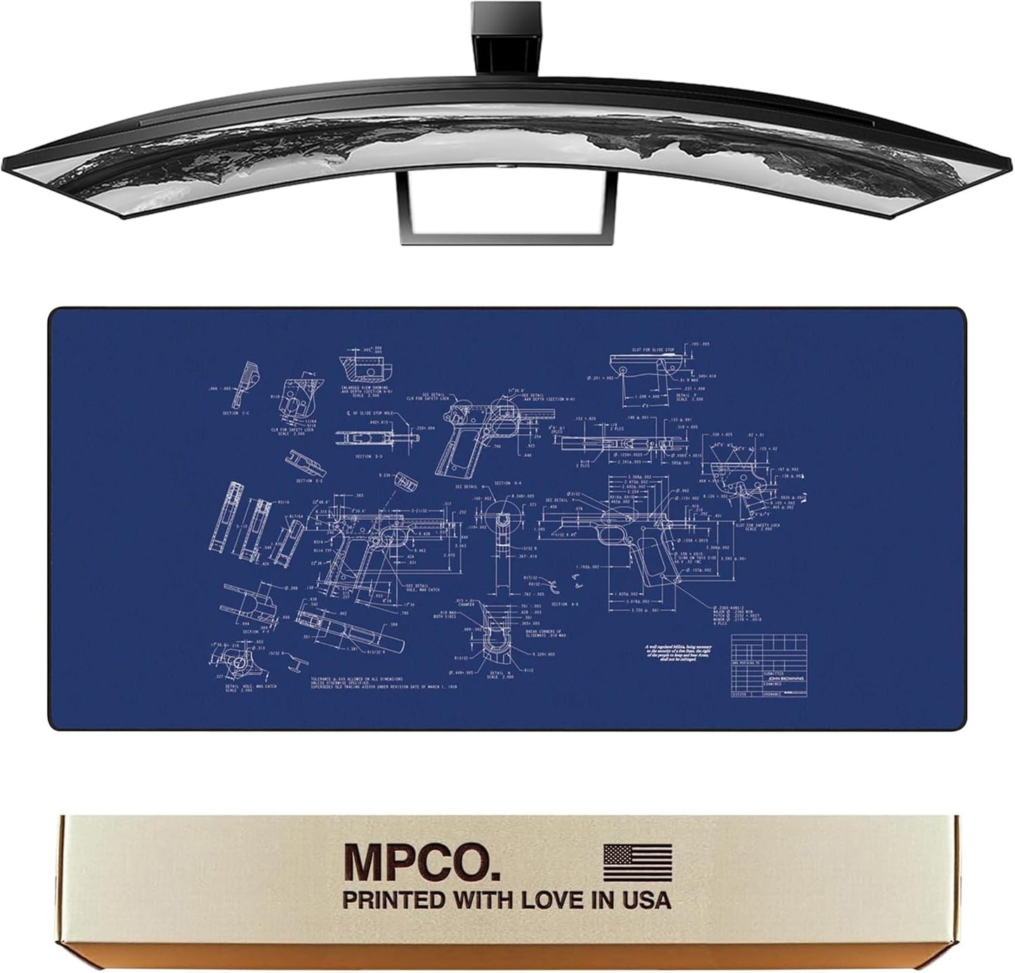 MPCO. Blueprints Large Gaming Desk Pad - 36" x 17" Duraglyde Fabric Browning 1911 – Blue Desk Mats - Non-Slip, Washable, Smooth Glide for Precision Gaming & Work