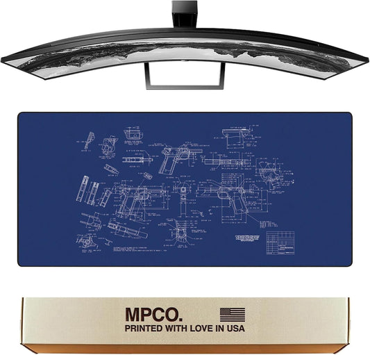 MPCO. Blueprints Large Gaming Desk Pad - 36" x 17" Aeroglyde Fabric Browning 1911 – Black Desk Mats - Non-Slip, Washable, Smooth Glide for Precision Gaming & Work