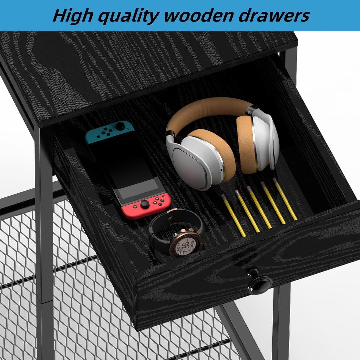 2 Tier Computer Tower Stand with Drawer, CPU Holder Stand with Charge Station and USB Charging Port, Printer Cart with Wheels for Home Office Fax, Black