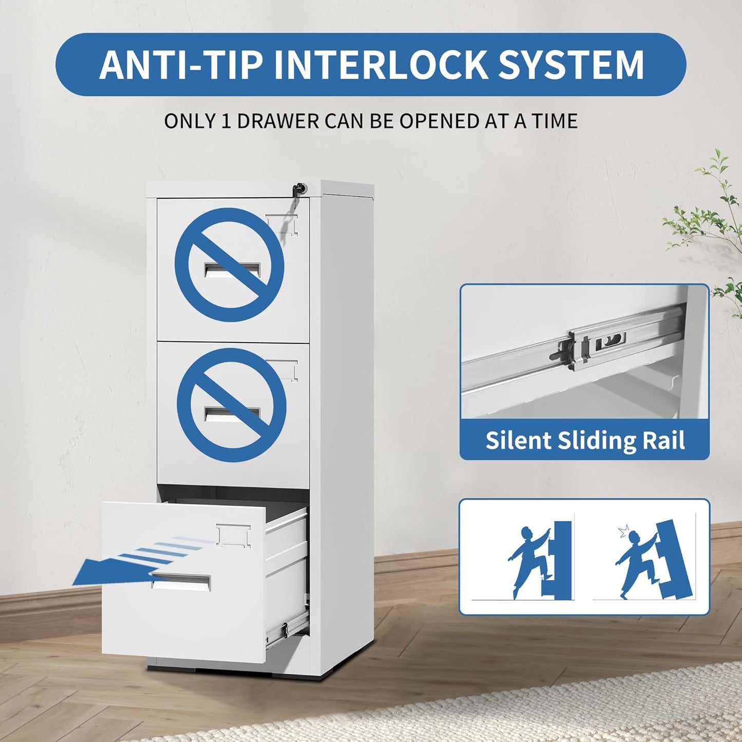 3 Drawer File Cabinet with Lock and Card Slot, Metal Vertical Filing Cabinets for Home Office, Steel Storage Cabinet for Hanging Legal/Letter Size Files, Assembly Required (White)