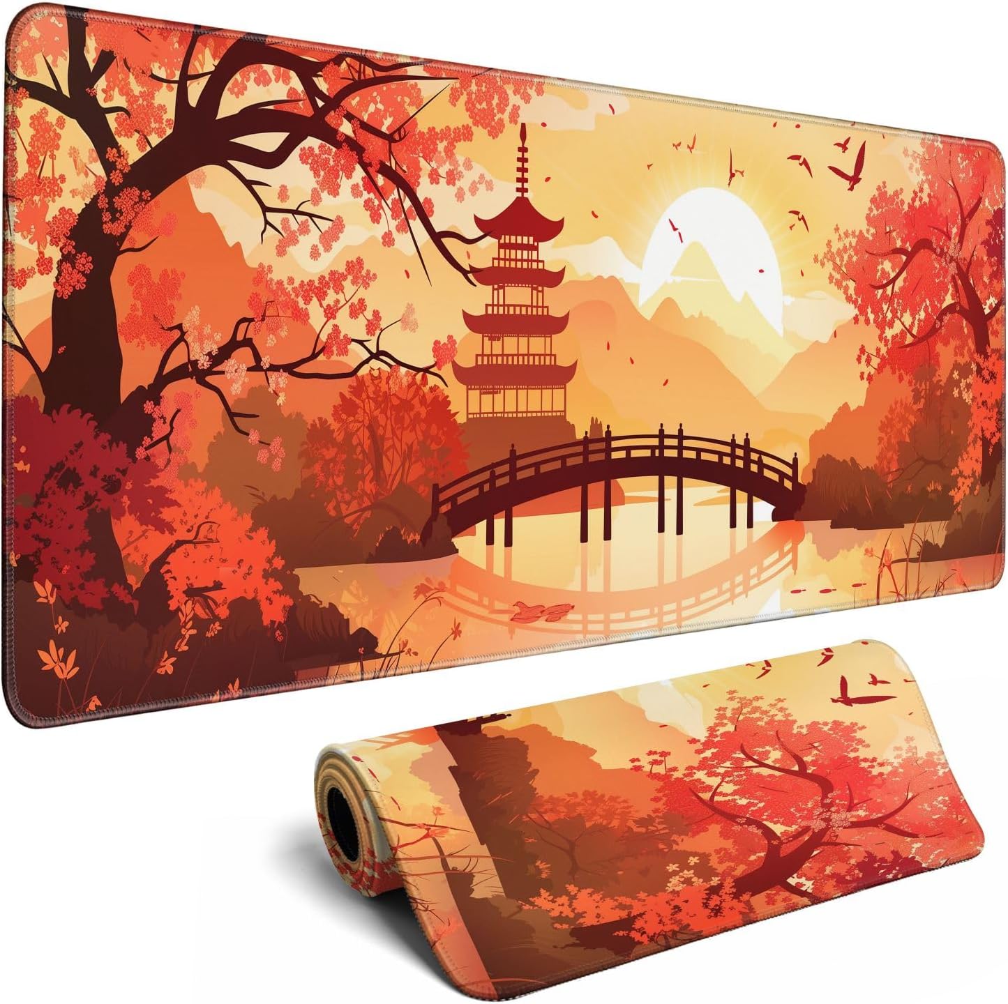 Japanese Cherry Blossom Desk Mat Anime Gaming Mouse Pad Large Desk Pad for Desk Computer Pc Laptop Office Decor, Mouse Keyboard Pad Stitched Edges Non-Slip Rubber Mat Desk Pad, 31.5x11.8 in