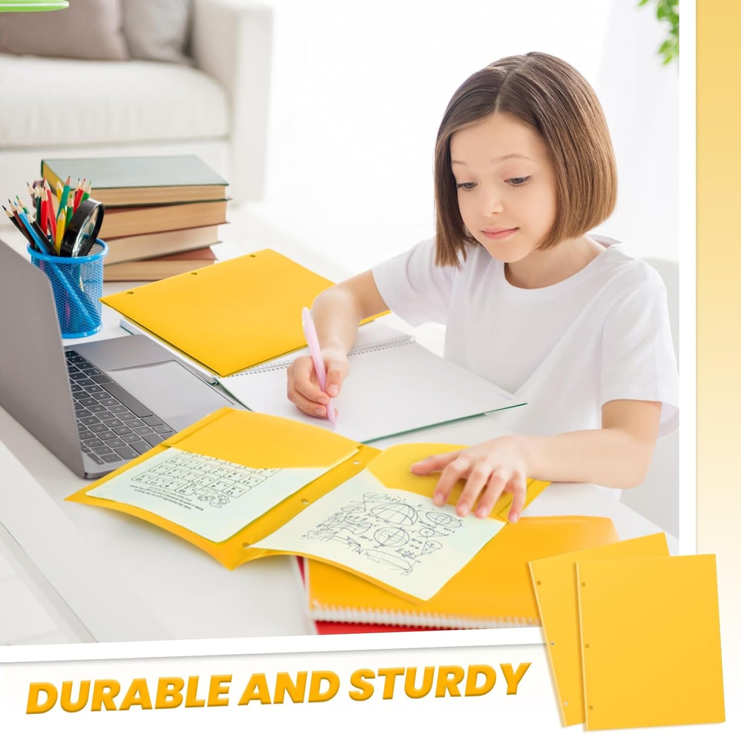 Yeaqee 50 Pcs Plastic Folders with Pockets Bulk 3 Hole Punched 2 Pocket File Folders for 3 Ring Binder Divider Folder for Notebooks, Durable Poly for Office Home (Yellow)