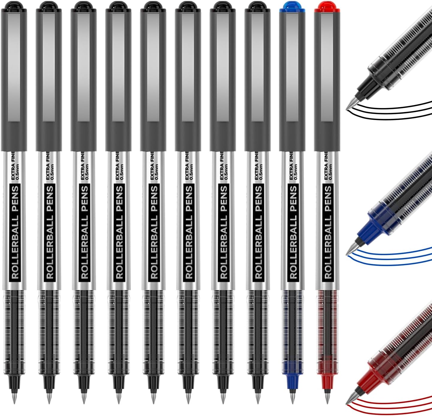 Shuttle Art Rollerball Pens, 10 Pack(8 black 1 blue 1 red) Liquid Ink Pens, 0.5mm Extra Fine Point, Quick Drying for Writing Journaling Taking Notes School Office