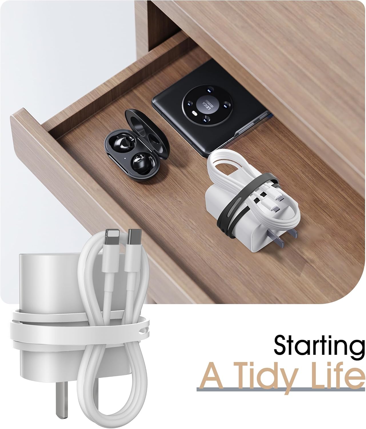 Nearockle Latest Double-Sided Silicone Cable Ties, 12Pcs Reusable Cord Organizer for Bundling Phone Charger and USB Cable, Multifunctional Organizer for Travel Home (White&Black)