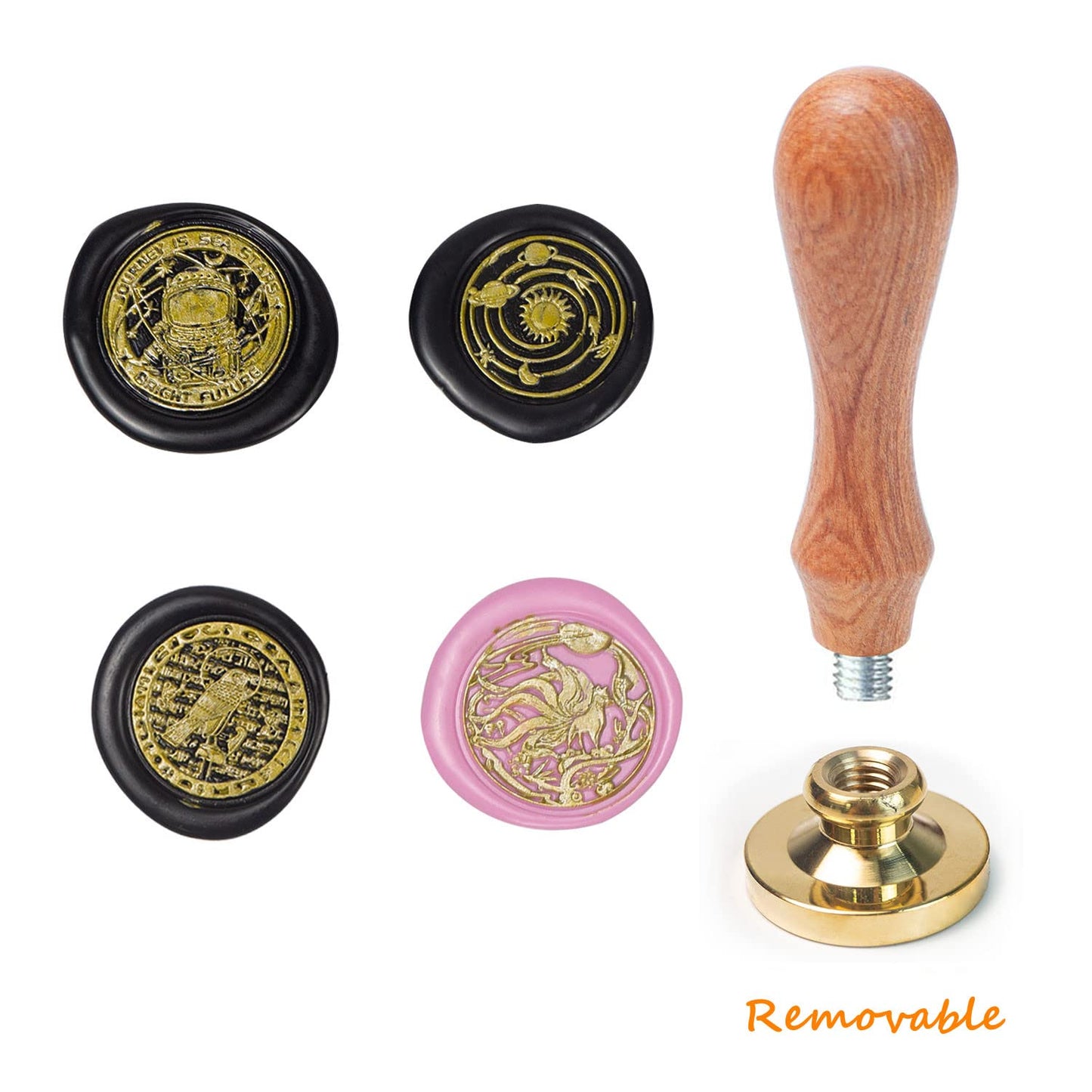 Wax Seal Stamp Kit With 4 Removable Brass Heads and Wooden Handle - Sunbird Fox Starry Sea Sealing for Cards Invitations