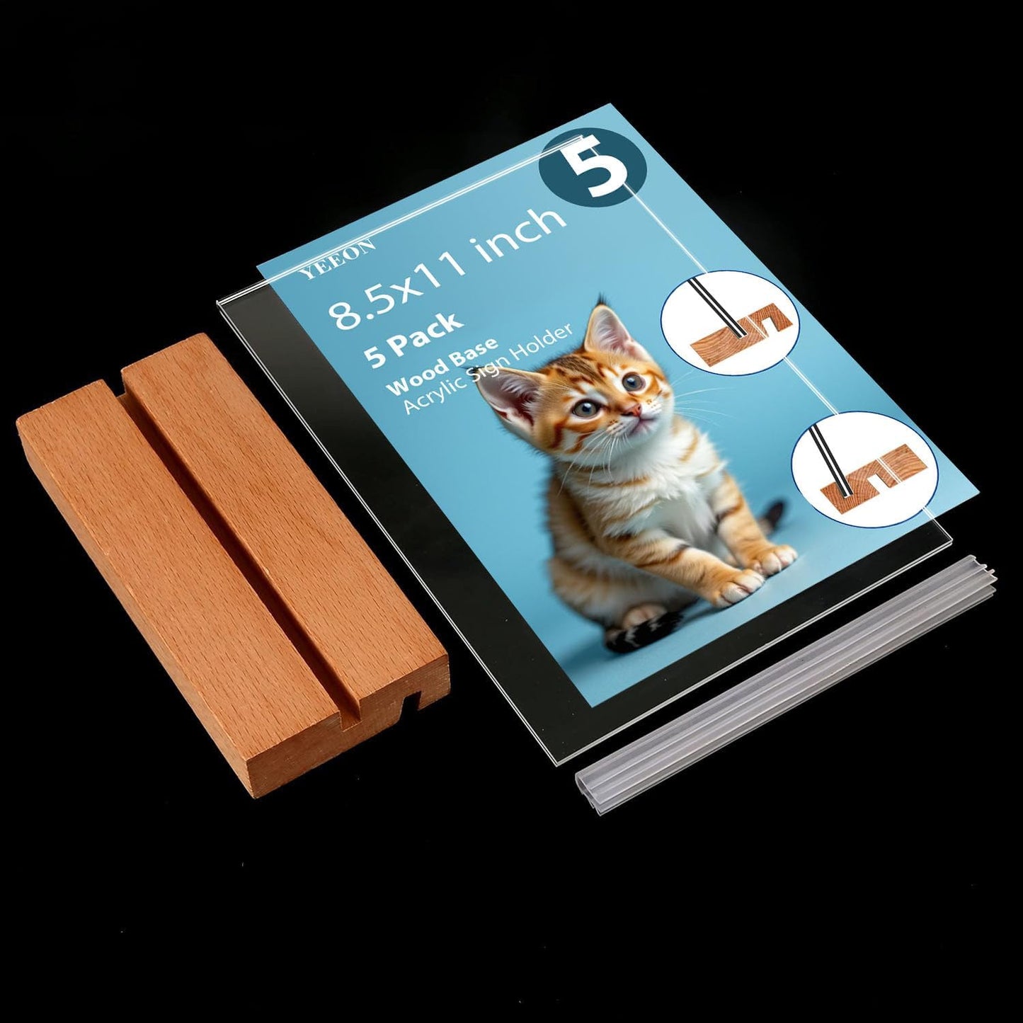 Acrylic Sign Holder with Wooden Base, Desktop Display Stand (8.5x11 5Pack)