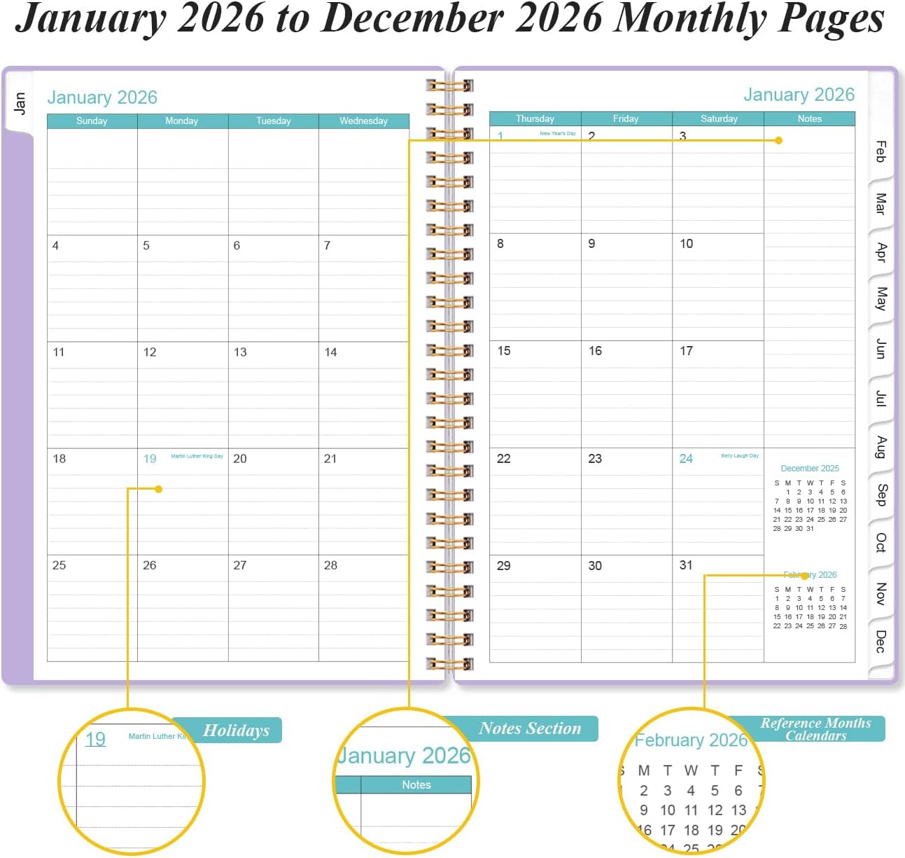 2026 Planner - Weekly and Monthly Calendar Planner from Jan 2026 - Dec 2026, Planner 2026 Spiral Bound with 12 Monthly Tabs, Inner Pocket, Perfect for School Office Supplies, 6.4" x 8.5", Purple