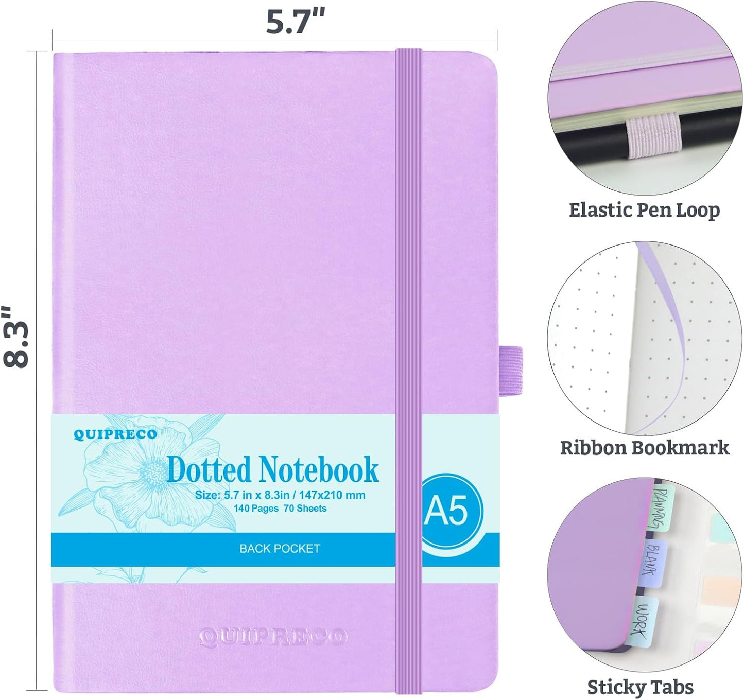 Hardcover Lined Bullet Dotted Journal Notebook, A5 140 192 Pages 100 120Gsm Paper College ruled for School,Work,Travel,and Daily Planning，5.7''*8.3'' (1, Lavender, A5 Dotted)