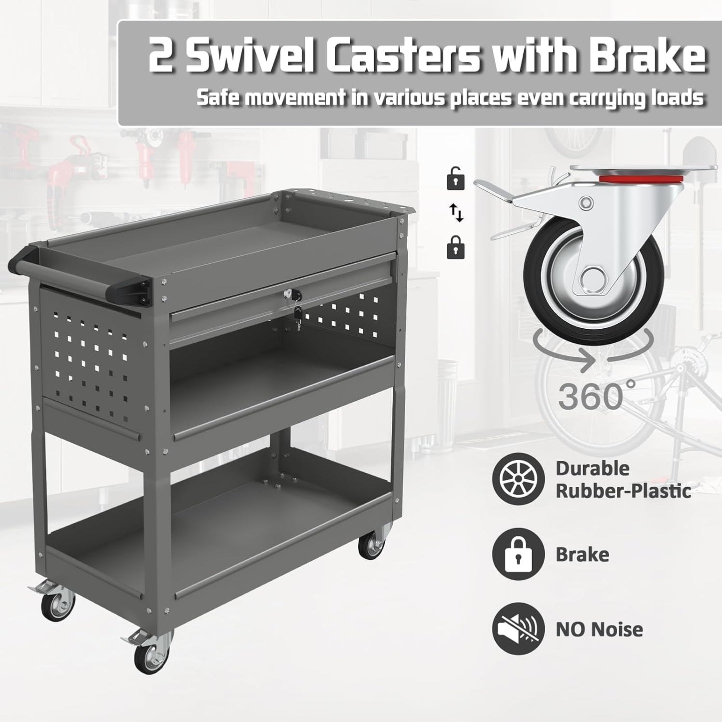 3 Tray Rolling Tool Cart, 400 LBS Capacity Mechanic Tool Carts on Wheels, Heavy Duty Utility Cart with Drawers, Metal Work Cart for Garage, Warehouse and Repair Shop, Grey