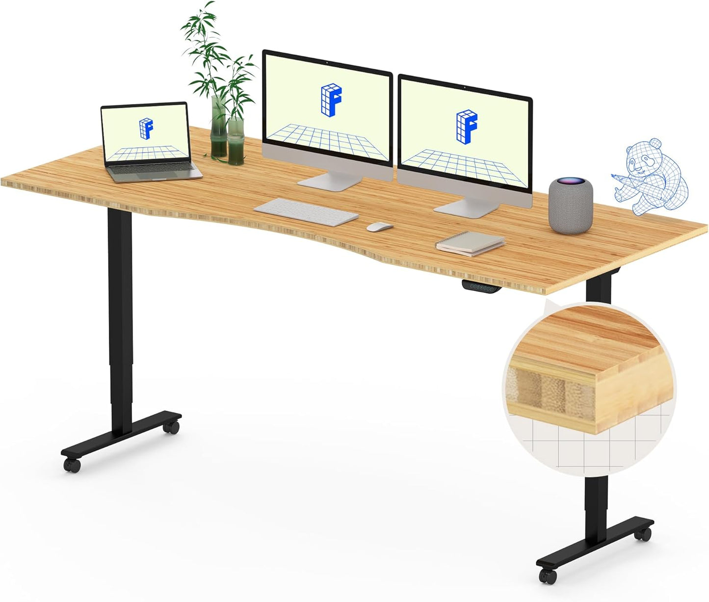 FLEXISPOT E6 MAX Bamboo Dual Motor 3 Stages Standing Desk 72x30 Inch Whole-Piece Board Electric Height Adjustable Stand Up Desk 150KG Load Capacity(Black Frame + Bamboo Curved Desktop)