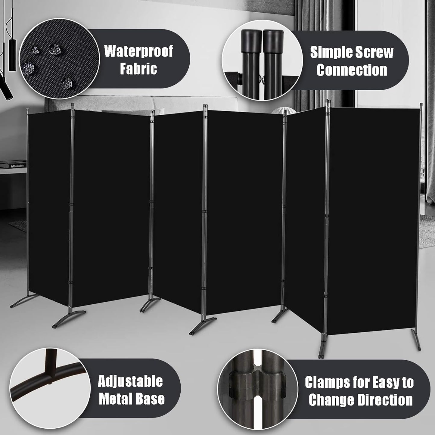 Room Divider-6 Panels Black Folding Privacy Screens, 6 ft Partition Room Dividers Wall for Separation, Home, Office, Classroom, Studio