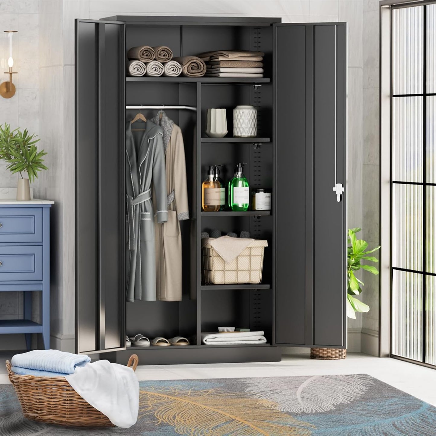 Greenvelly Metal Storage Wardrobe Cabinet with Doors, Black 72” Steel Wardrobe Closet, Employees Locker Closet Clothing Coat Steel Wardrobe Cabinet with Hanging Rod for Home Office Room School