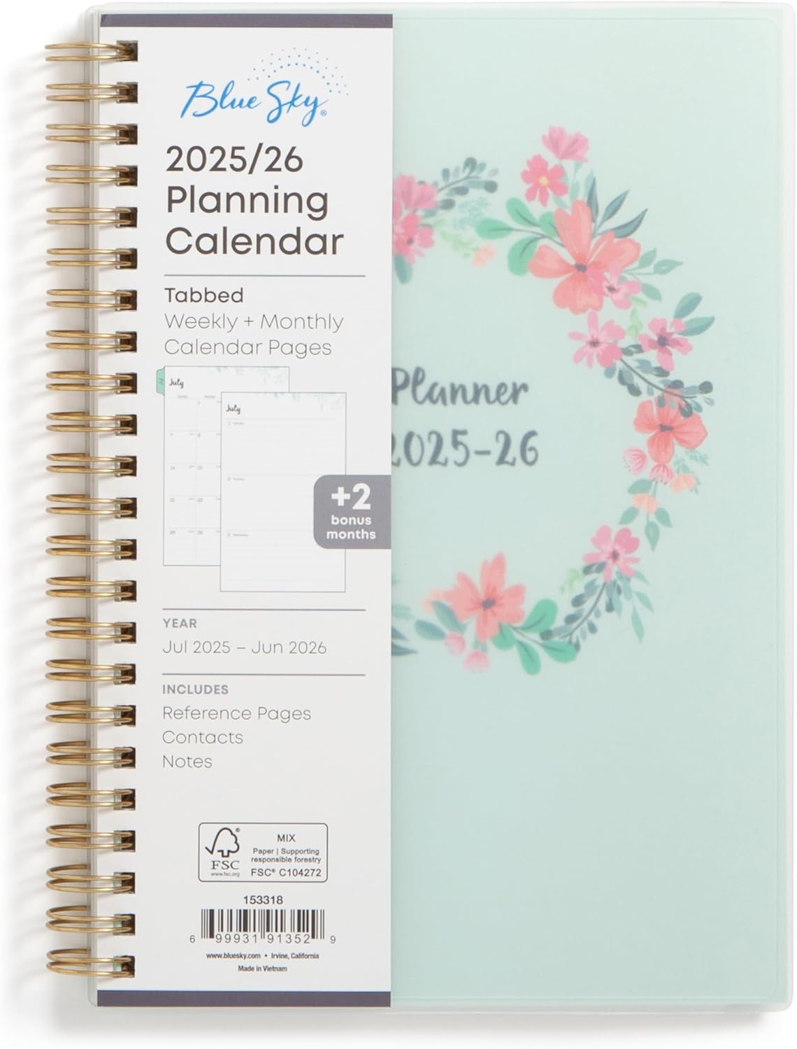 Blue Sky 2025-2026 Weekly and Monthly Academic Year Planner Calendar, July 2025 - June 2026, 5" x 8", Flexible Cover, Wirebound, Laminated Tabs, Laurel