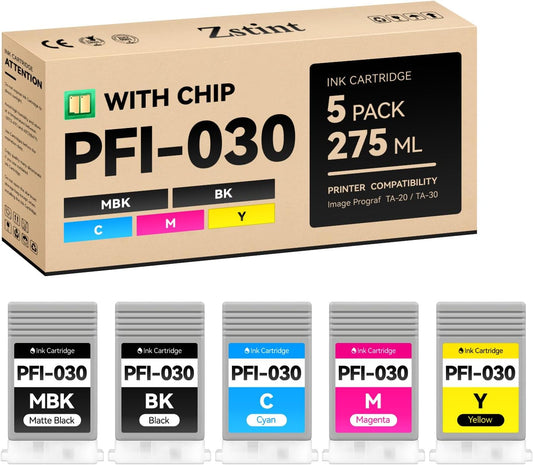 PFI-030 Pigment Ink Tank Kit 5-Pack 55ml High Capacity Replacement for Canon PFI-030 PFI030 Ink Cartridges Compatible for Canon imagePROGRAF TA-20 TA-30 TM-240 TM-340 Printer Black Cyan Yellow Magenta