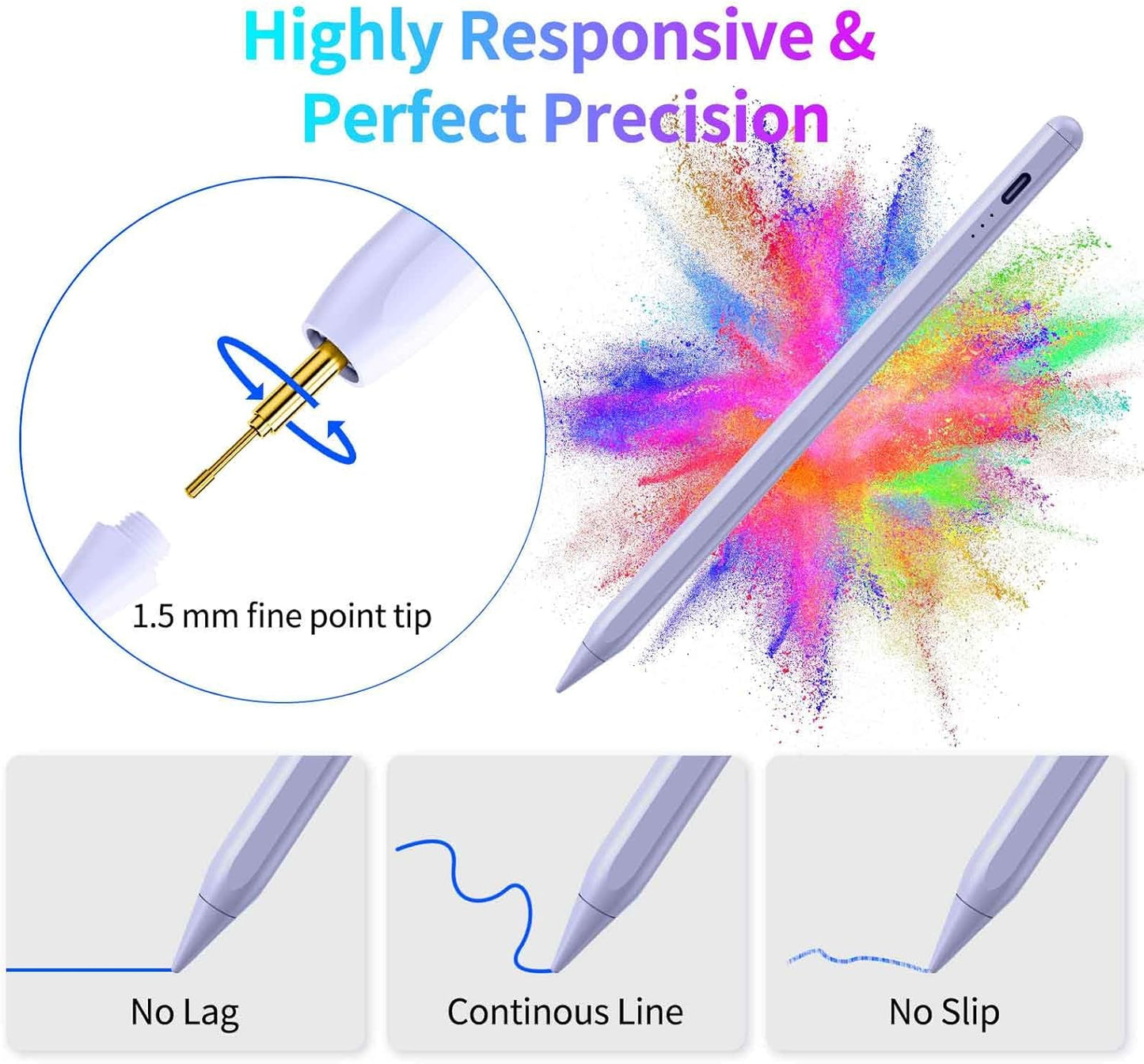 Stylus Pen for iPad, Fast Charging Pencil for Pad with Palm Rejection, Tilt Sensitivity for iPad 6-10, Pro 11"/12.9"/M4, Air 3/4/5/M2, Mini 5/6, Purple