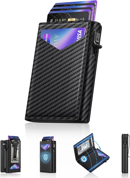 Wallet for Men, RFID Wallet with Money Clip & ID Window, Minimalist Pop Up Credit Card Case Holder 10-12 Cards, Bifold Slim Smart Wallet for Front Pocket, Compact Metal Wallets, Gifts for Men, Carbon