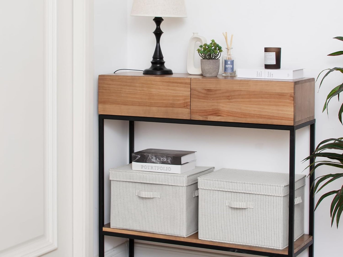 StorageWorks Fabric Storage Bins with Lid, Decorative Storage Boxes for Shelves, Stackable Closet Organizer Basket with Handles, Jumbo, Gray and White Stripes, 2-Pack