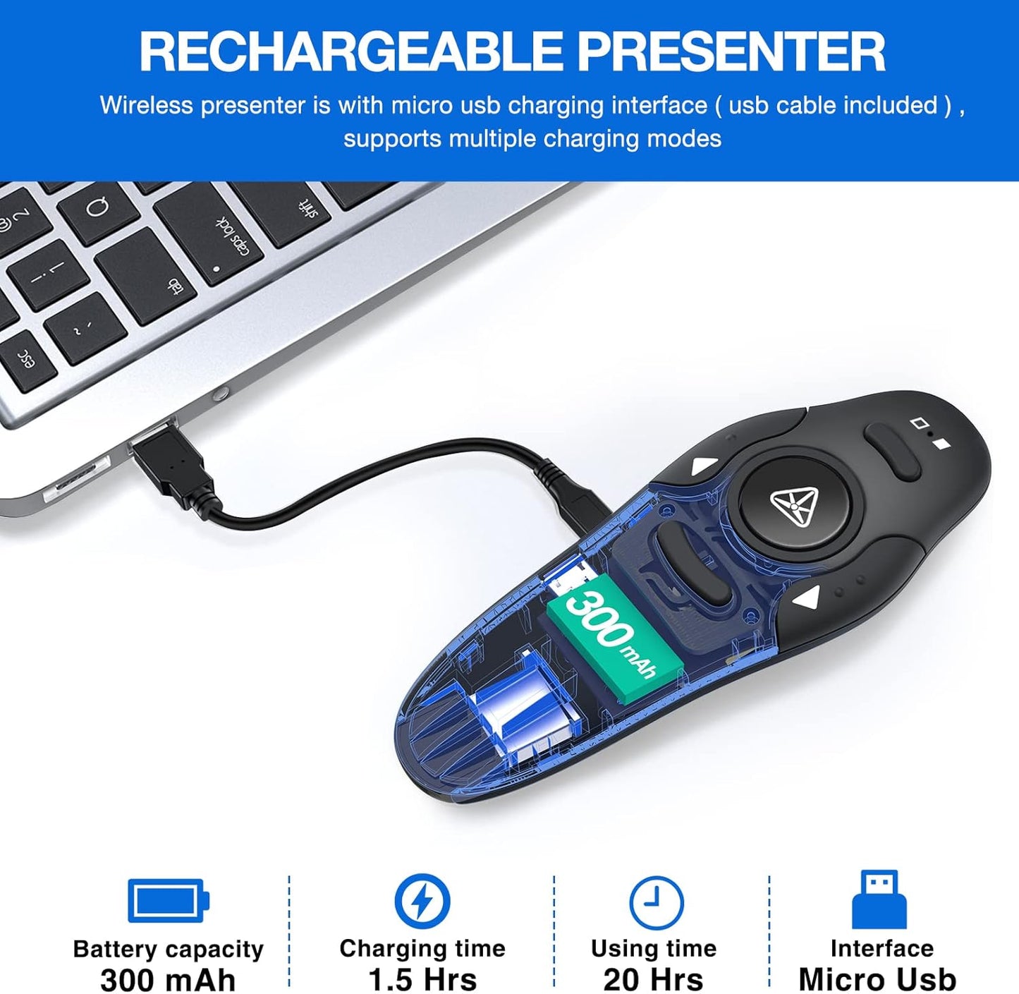 Rechargeable Presentation Clicker Wireless Presenter Remote USB Control Powerpoint PPT Clicker, Red Laser Pointer RF 2.4GHz Presenter Remote Slide Advancer for Computer/Laptop/Mac/Keynote