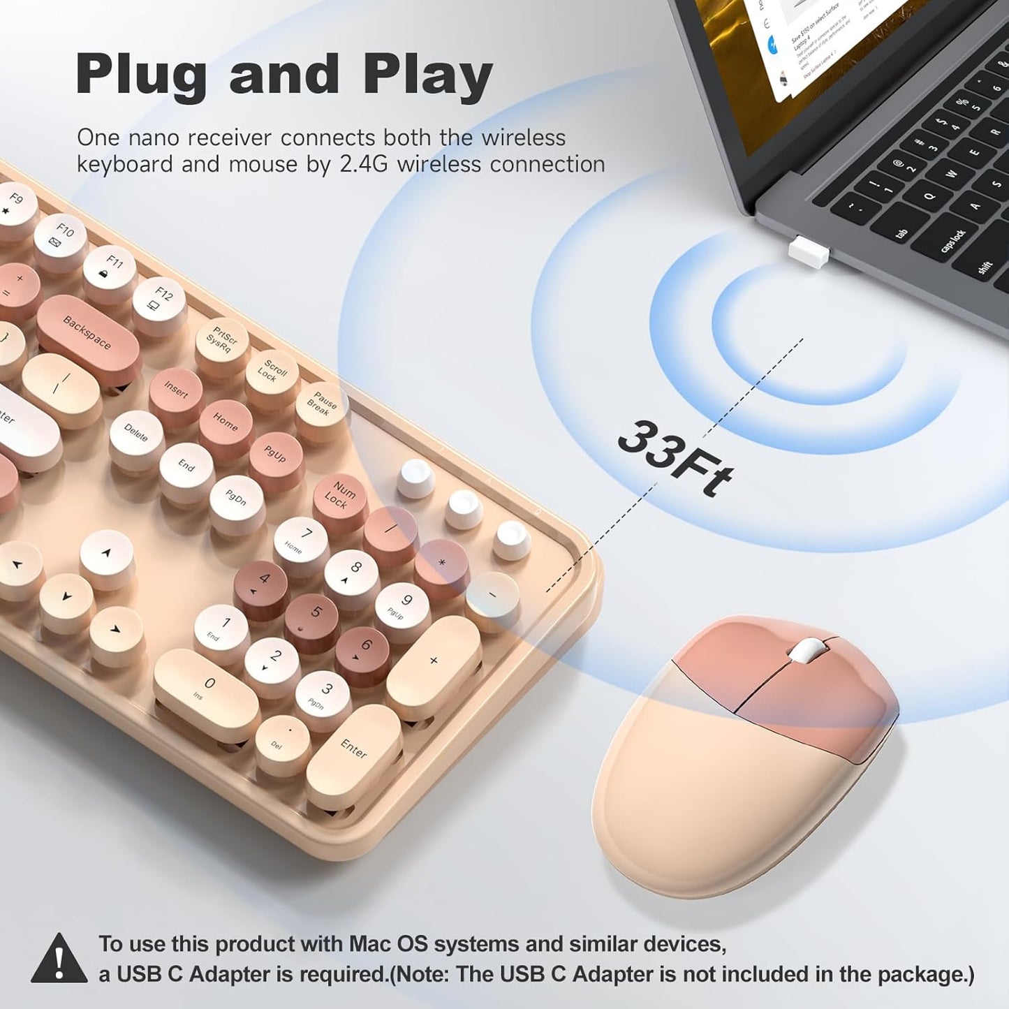 MOFII Wireless Keyboard and Mouse Combo,2.4GHz Retro Full-Size Keyboard with Number Pad and Cute Wireless Mouse for Computer PC Desktops Laptop WindowsxP/7/8/10(Milk Tea Colorful-B)