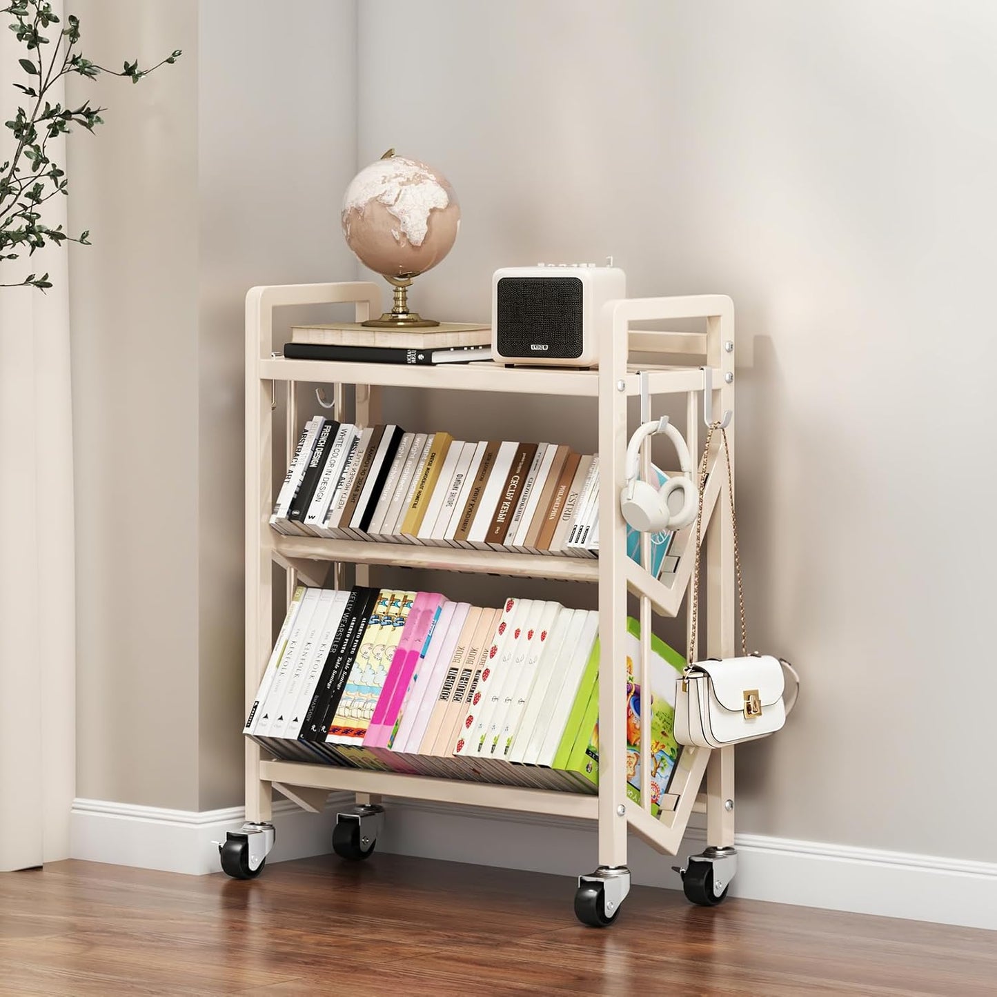 Bookshelf Movable Book Cart Multi-Layer Storage Rack Large-Capacity Rolling Cart L-Shaped Carbon Steel Shelf Suitable for Storing Books, Magazines, Newspapers, Shoes