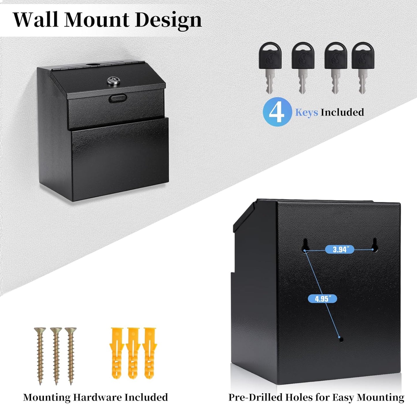 Suggestion Box with Slot and Lock Metal Wall Mounted Donation Box with 4 Keys