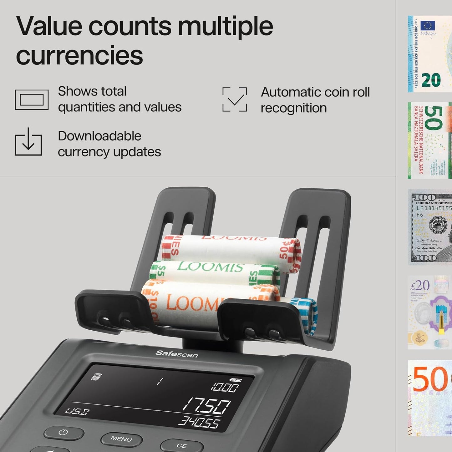 Safescan 6165 Advanced Money Counting Scale, Counts Bills, Coins, Coin Rolls and Bill Bundles, Multi-Currency, Easy to Update, Clear Display Panel, 3 Year Warranty