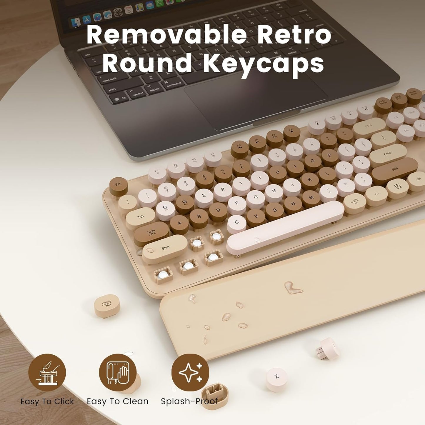 SABLUTE Wireless Keyboard, Round Keycaps, Retro Typewriter Keyboard with Detachable Wrist Rest, Sleep Mode, Foldable Legs, 2.4GHz Full-Size Cordless Computer Keyboard for Windows/PC/Laptop (Latte)