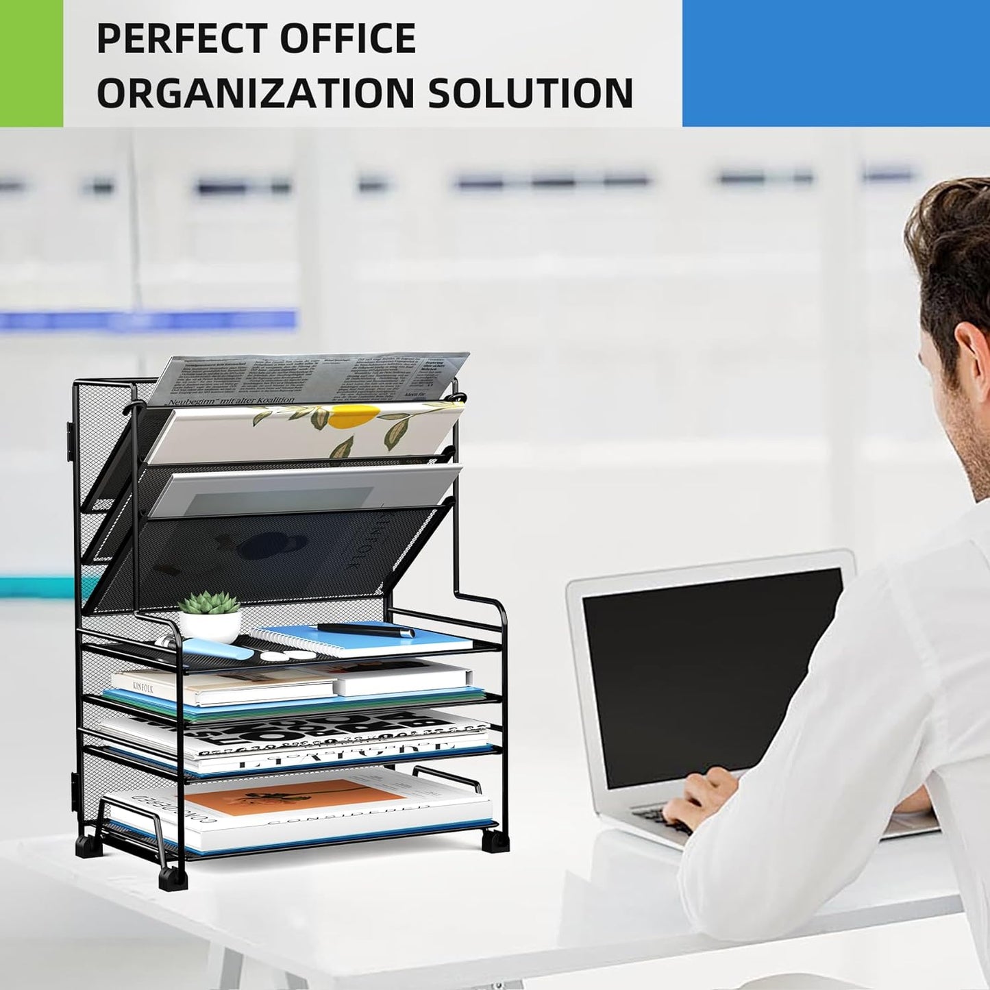 4-Tier Paper Organizer + 3-Pocket File Holder + Drawer + Pen Holders, Desktop File Organizers Paper Tray for Office Supplies School Classroom Organization (Black, No Drawer & Pen Holder)