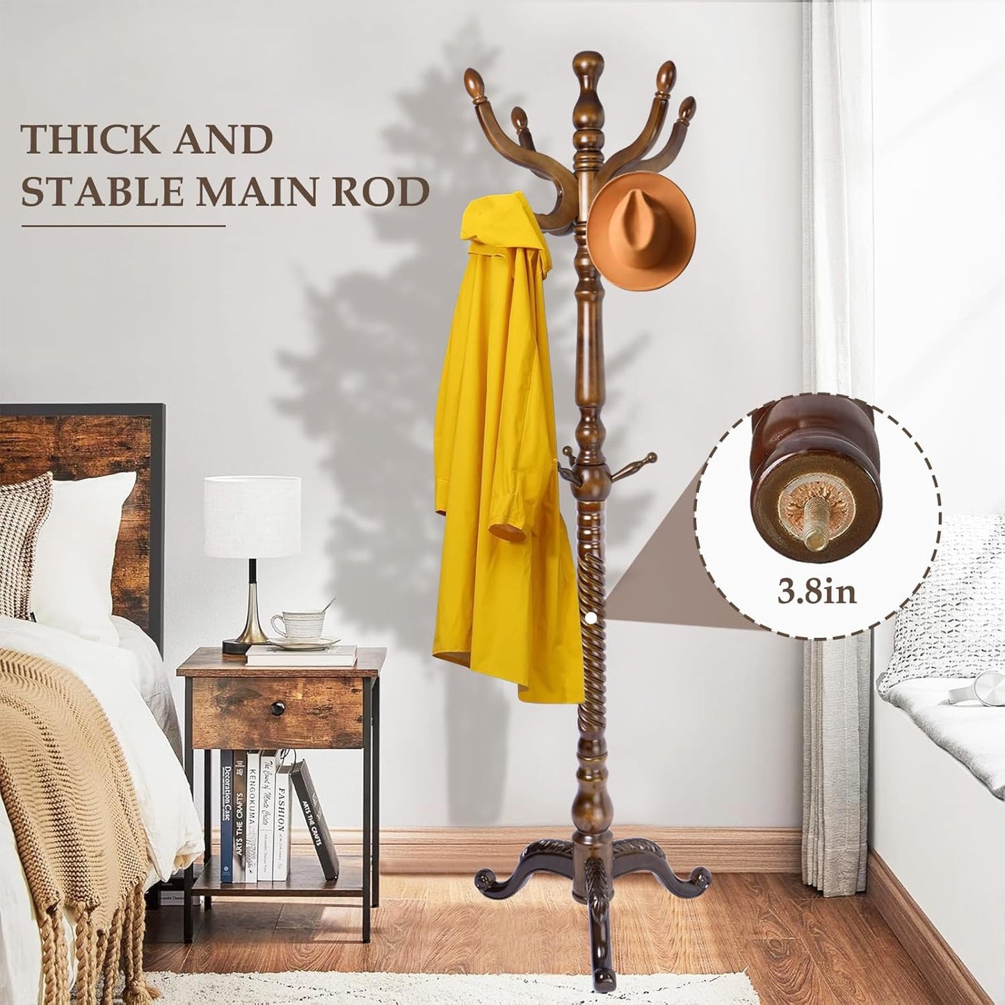 Wood Coat Rack Freestanding, Natural Coats Tree Stand with 11 Hooks, 74.8" Sturdy and Easy Assembly Coat Rack Stand for Entryway, Hallway, Bedroom, Bags, Hats (Tri-legged Base, Walnut)