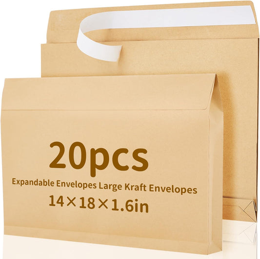20 Pcs 14 x 18 x 1.6 Inch Large Expandable Catalog Envelopes Manilla Kraft Peel and Seal Envelopes Light Large Mailing for Office Home Documents Magazines Photos Storage Organizing(Brown)