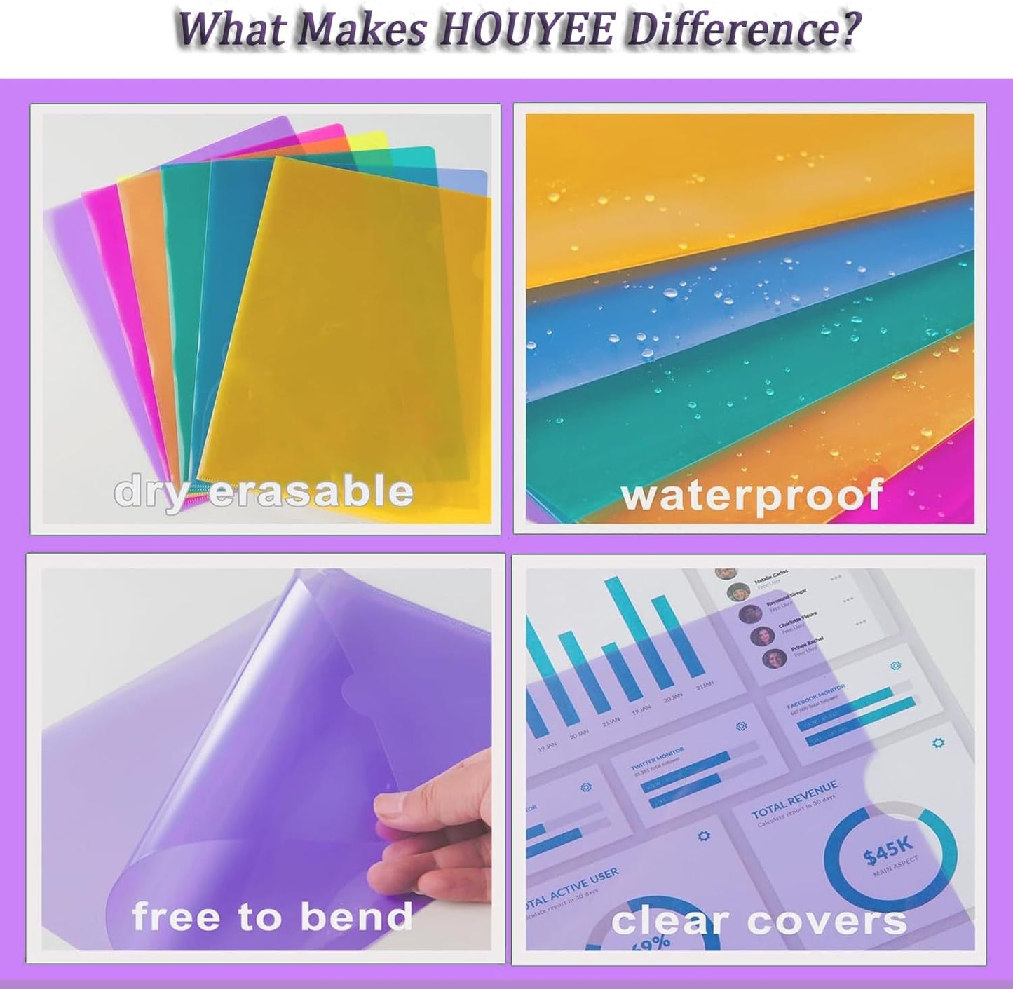 HOUYEE 12 Pack Clear Document Folder, Plastic Paper Sleeve Fit for Letter Size Paper, for Home, Office, and School Use(6 Assorted Colors)