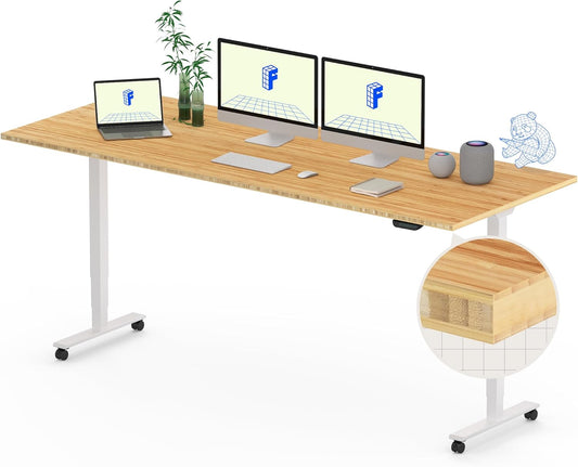 FLEXISPOT E6 MAX Bamboo Dual Motor 3 Stages Standing Desk 78x30 Inch Whole-Piece Board Electric Height Adjustable Stand Up Desk 150KG Load Capacity(White Frame + Bamboo Desktop)