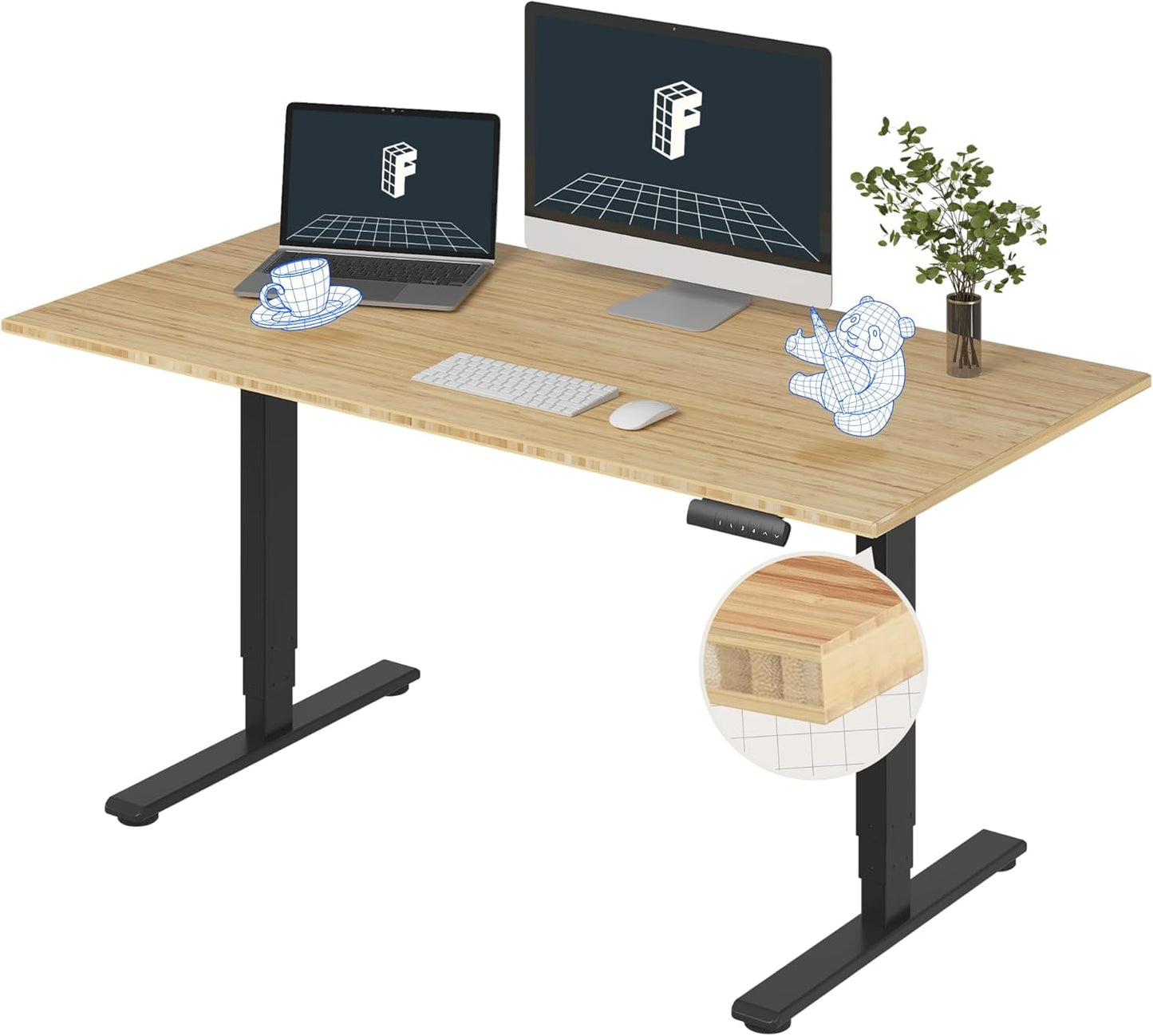 FLEXISPOT E6 Essential Bamboo 3 Stages Dual Motor 60x30 Inch Electric Height Adjustable Standing Whole-Piece Board Desk Sit Stand Up Desk (Black Frame + Bamboo Desktop)