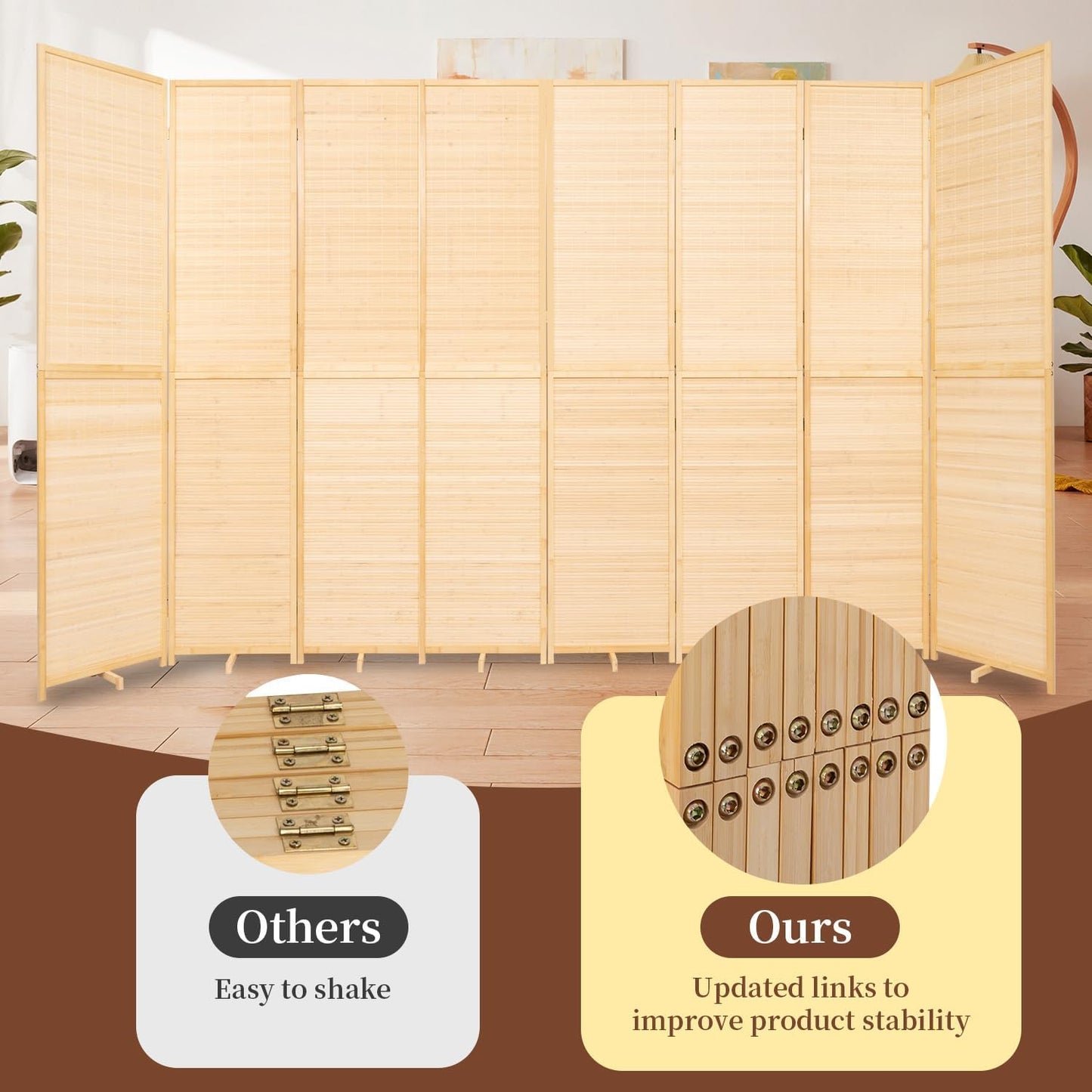 Bamboo Room Divider 8 Panel Wall Divider, 142'' W x 67'' H Folding Design with Extra Stable Base, 100% Bamboo Room Divider Screen for Room Separation, Chinese Room Partitions and Dividers Freestanding