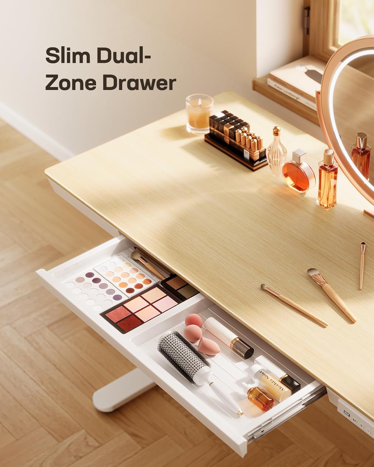 Marsail Electric Solid Standing Desk, 48 x 24 inch Standing Desk with Drawer, Sit Stand Desk with Tabletop & USB Charging Ports, Height Adjustable Desk with Storage for Home & Office Natural