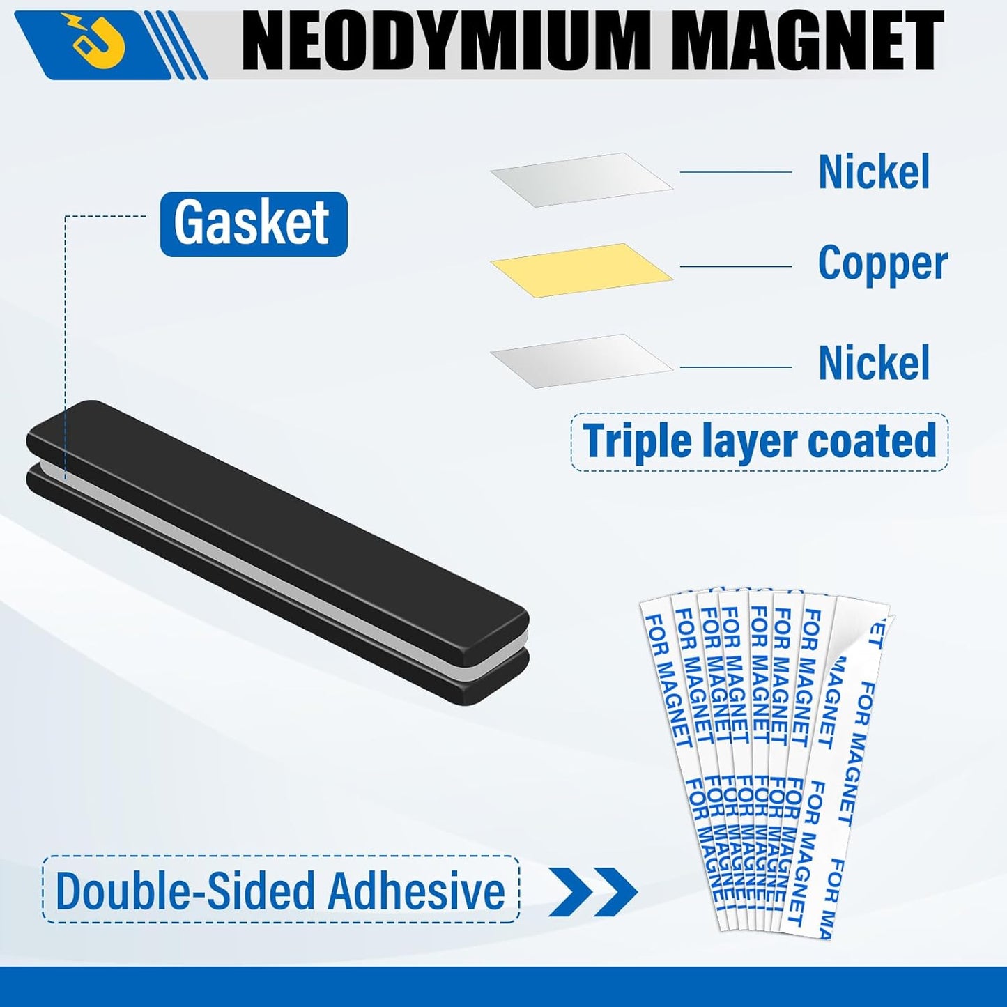 LOVIMAG Rare Earth Bar Magnets, Black Waterproof Strong Neodymium Magnets with Epoxy Coating and Double- Sided Adhesive for Fridge, Scientific, Shower Door, Office Etc, 60 x 10 x 3 mm, Pack of 5