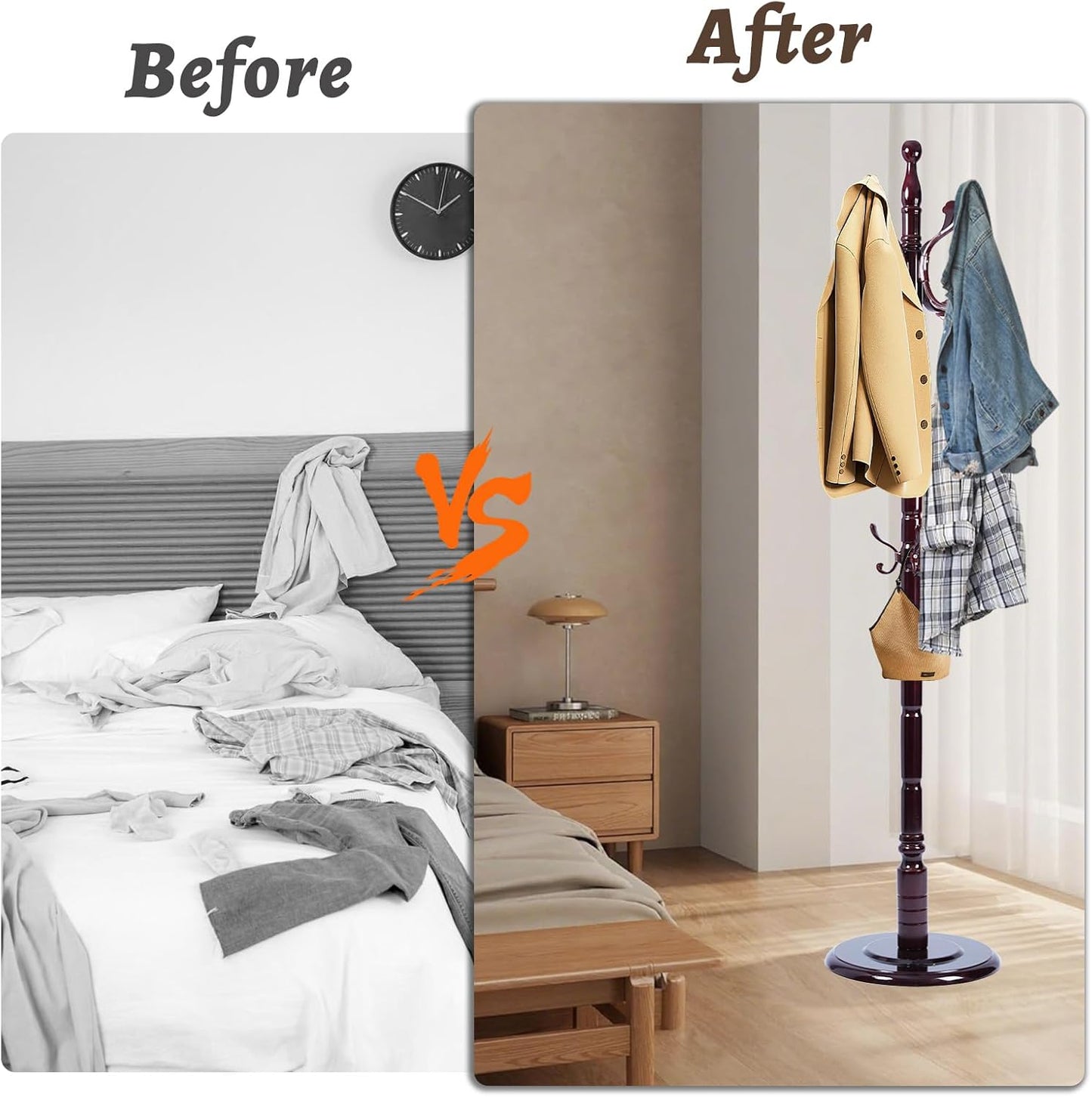 Wooden Coat Rack Freestanding with Resin Hooks, Adjustable Heavy Duty Stand for Hanging Coats, Bags, Hats, and Umbrellas in Living Room, Bedroom, Entryway (Rosewood-Ruyi Hook)