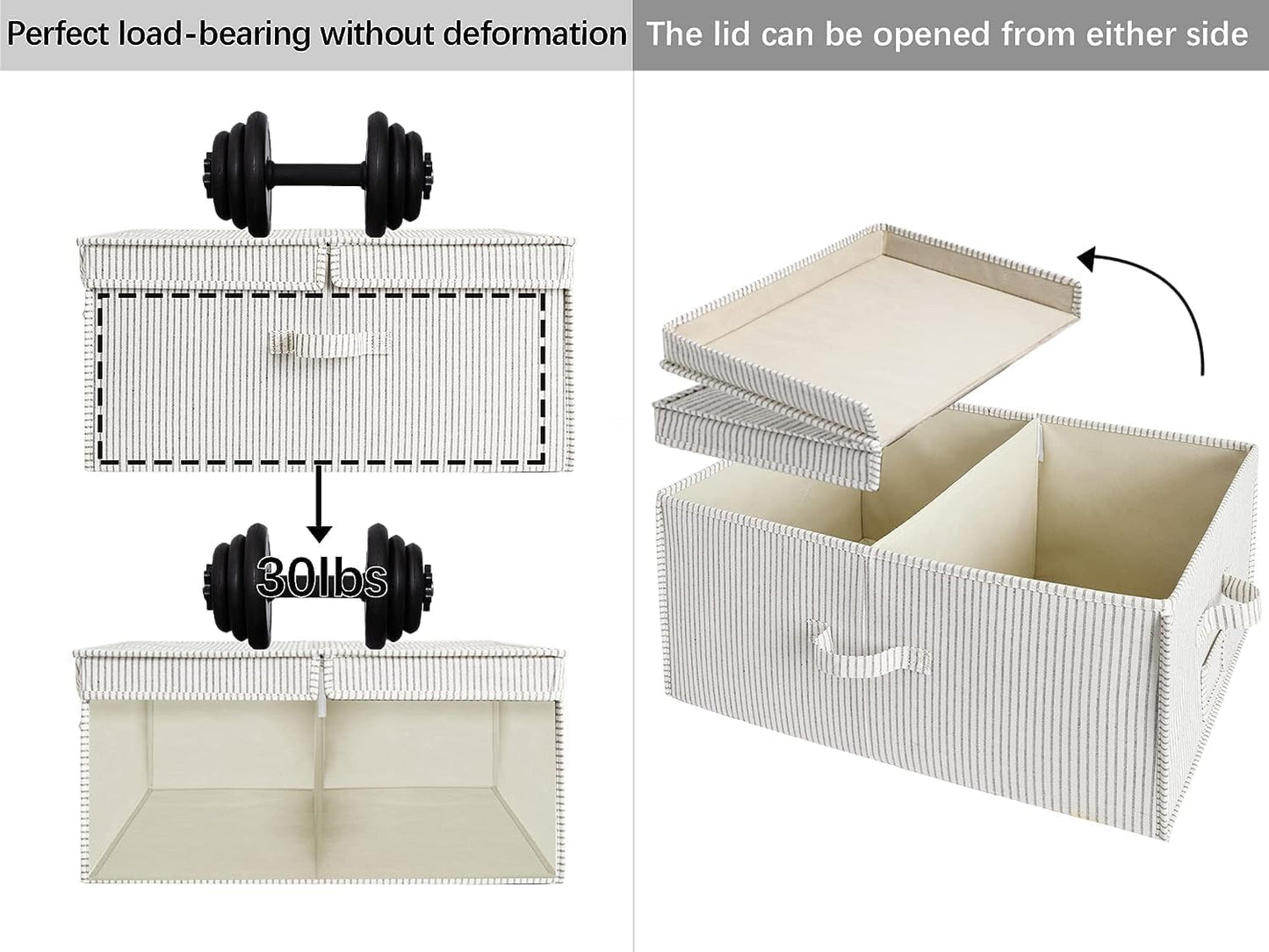 StorageWorks Extra Large Storage Bins with Lids, 55L Decorative Organizer with Divider Board, Fabric Boxes with Handles, Khaki and Beige Stripes, 2-Pack