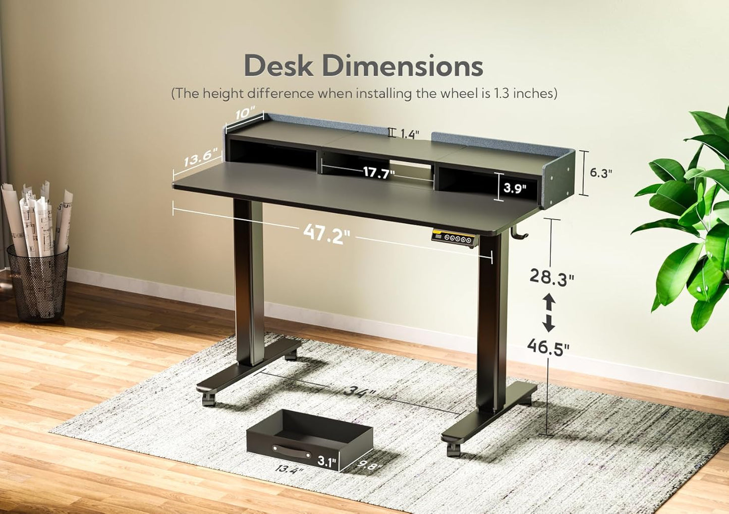 Claiks Standing Desk with Drawers, Stand Up Electric Standing Desk Adjustable Height, Sit Stand Desk with Storage Shelf and Splice Board, 48 Inch, Black