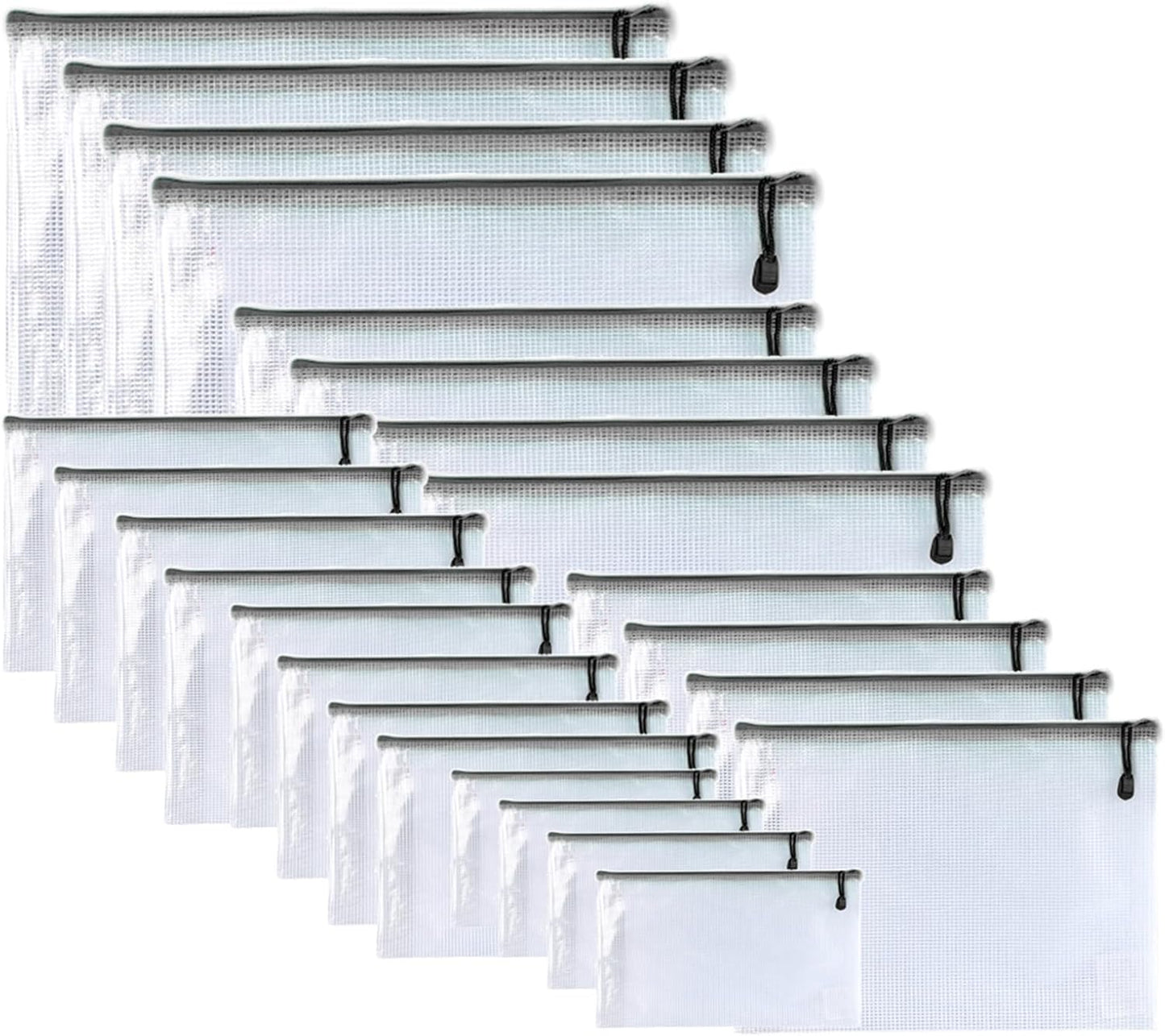 Oaimyy-24 Pcs Plastic Mesh Zipper Pouch Document Folders Bag Zip File Folders for School Office Supplies, Travel,Puzzles Games Organizing Storage-Black (MultiSize)