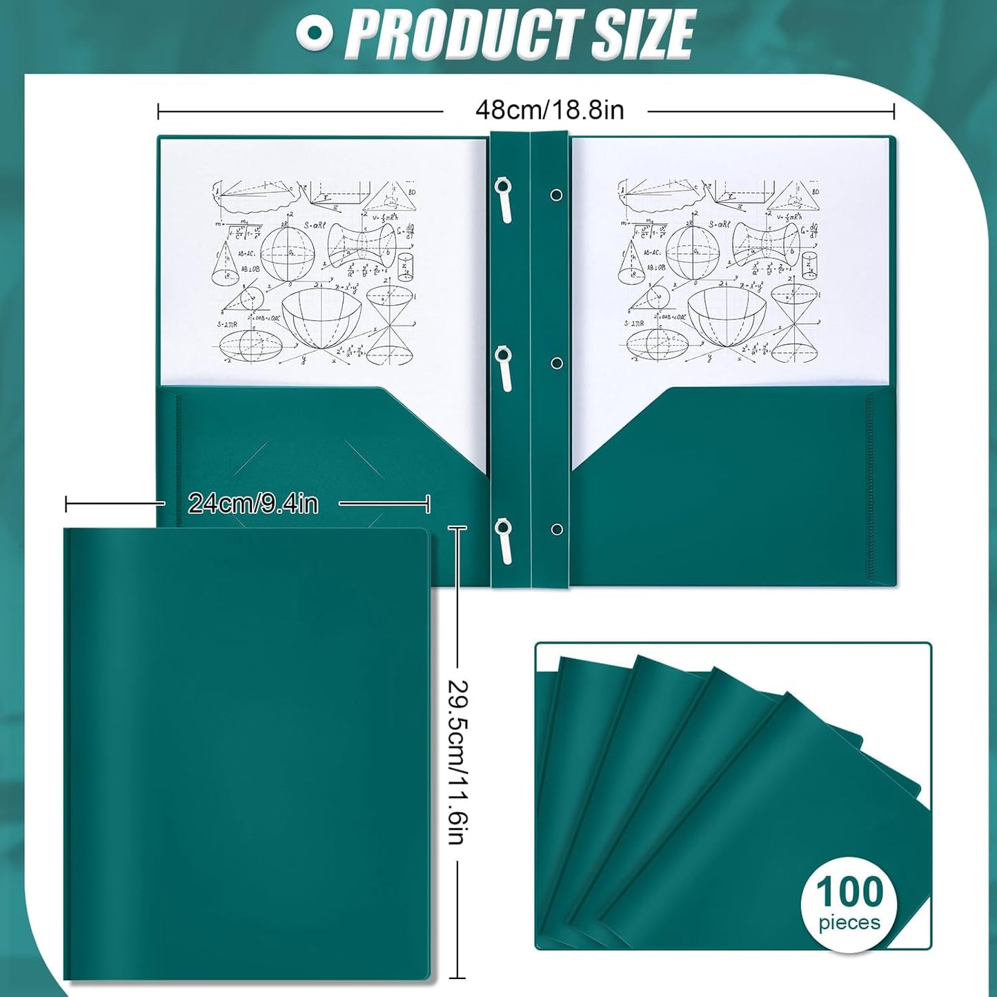 Lincia 100 Pcs Plastic Folders with Pockets and Prong Folders with Prongs 2 Pockets for Office, School for Students, Teachers, Office Workers(Dark Green)