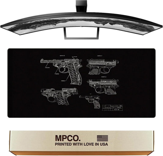 MPCO. Blueprints Large Gaming Desk Pad - 36" x 17" Duraglyde Fabric Pistol 38 – Black Desk Mats - Non-Slip, Washable, Smooth Glide for Precision Gaming & Work