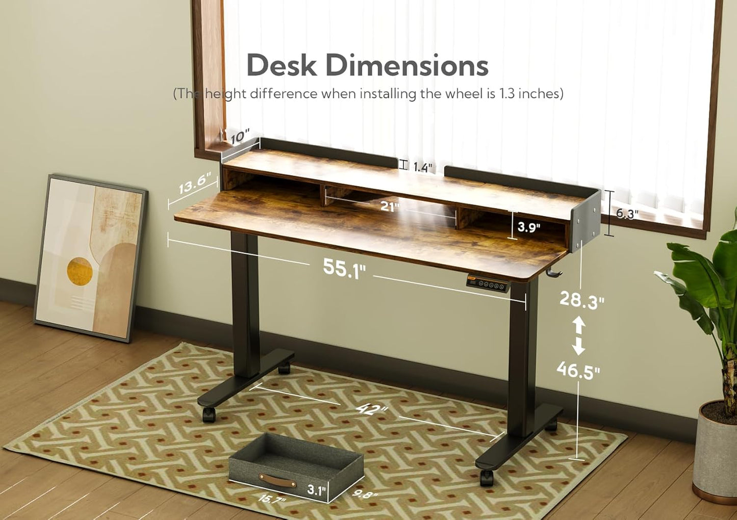 Claiks Standing Desk with Drawers, Stand Up Electric Standing Desk Adjustable Height, Sit Stand Desk with Storage Shelf and Splice Board, 55 Inch, Rustic Brown