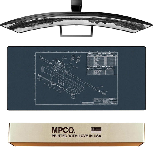 MPCO. Blueprints Large Gaming Desk Pad - 36" x 17" Aeroglyde Fabric Browning 50 Cal – Blue Desk Mats - Non-Slip, Washable, Smooth Glide for Precision Gaming & Work