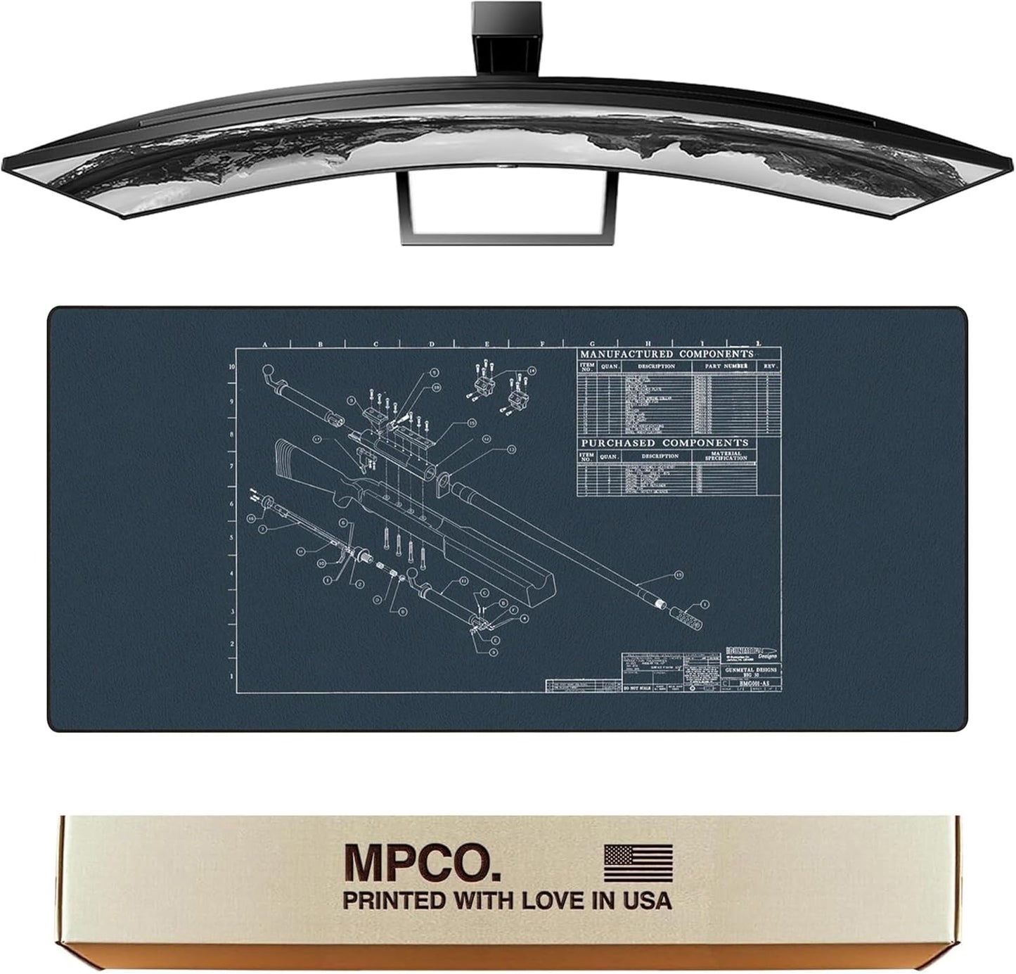 MPCO. Blueprints Large Gaming Desk Pad - 36" x 17" Duraglyde Fabric Browning 50 Cal – Blue Desk Mats - Non-Slip, Washable, Smooth Glide for Precision Gaming & Work