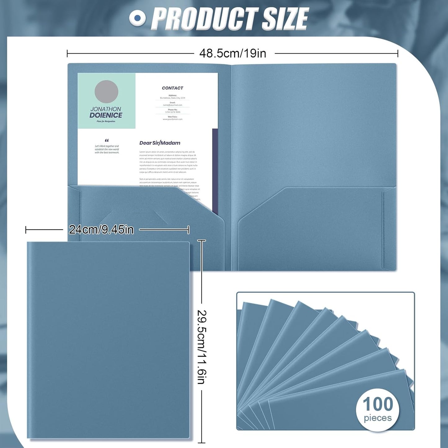 Gueevin 100 Pcs Two Pocket Folders Bulk Plastic File Folder with 2 Pockets Letter Size Paper Heavy Duty Durable Portfolios Case for Home Office School Business 11.61 x 9.45 Inch (Blue Grey)