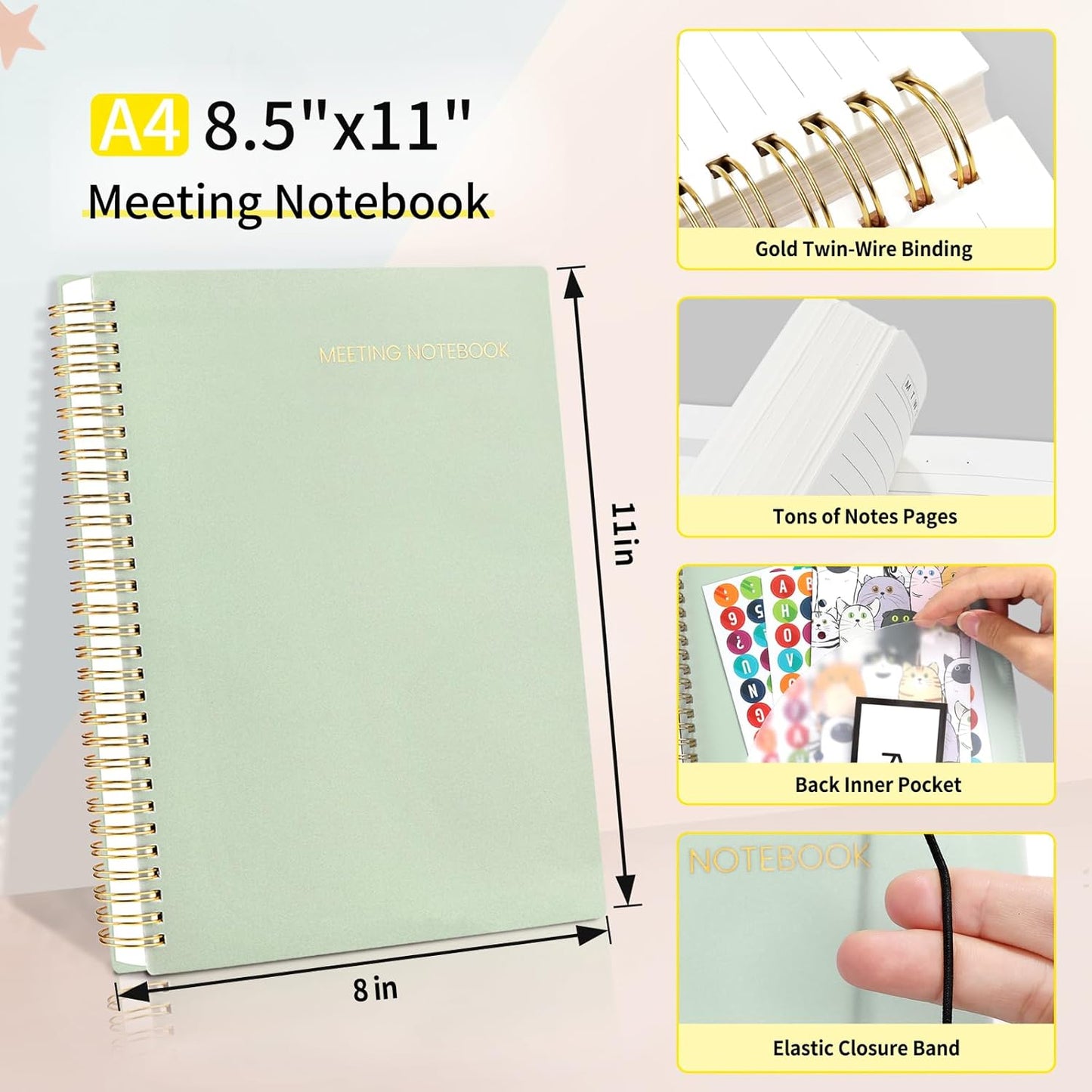 SUNEE Meeting Notebook for Work with Sticky Tabs - 160 Pages, A4 Size Project Planner, Spiral Meeting Agenda/Minutes Notebook Organizer for Women Men, Note Taking, Office&Business,8.5"x11", Sage Green