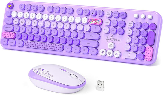 Wireless Keyboard and Mouse Combo, Full Size Retro Keyboard with Number Pad and 2 in 1 USB Connected Mouse for Windows 7/8/10, Laptop, Desktop, PC, Computer (Purple Colorful)